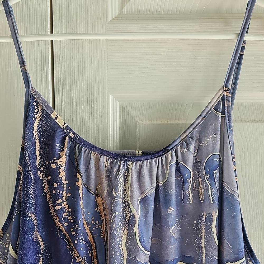 New 3XL Galaxy Print  Spaghetti Strap Silky Wrinkle Free Tank Top Blues & Golds - Picture 5 of 11